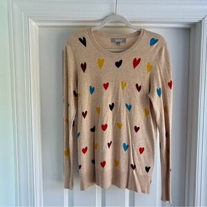 Marled Tan Sweater with Colorful Heart Accents